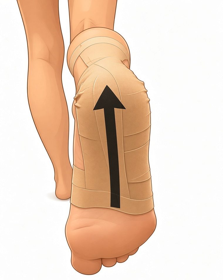 Tape anchored on the sole of the foot under the heel, running up toward the back of the heel