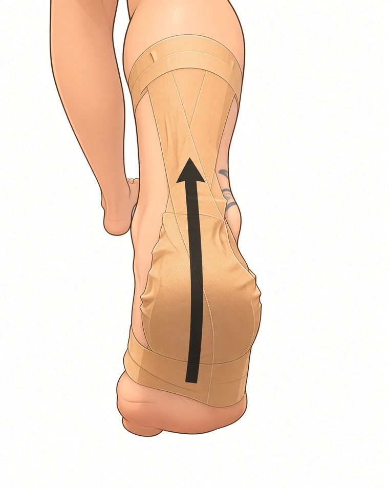 Tape running up over the back of the heel and Achilles with an arrow pointing up toward the calf