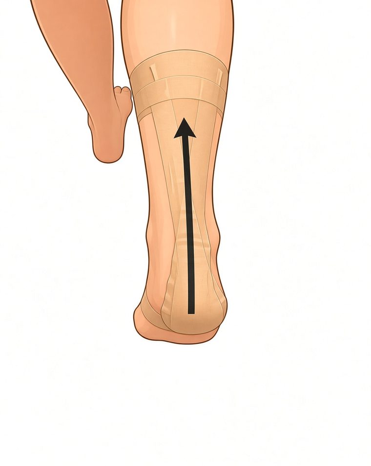 Tape continuing up the calf and finishing below the calf muscle with a horizontal anchor strip