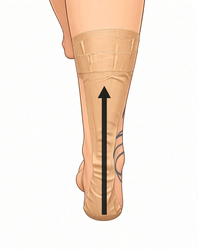 Finished taping seen from behind: vertical strip from heel to calf with two horizontal locking strips at the top